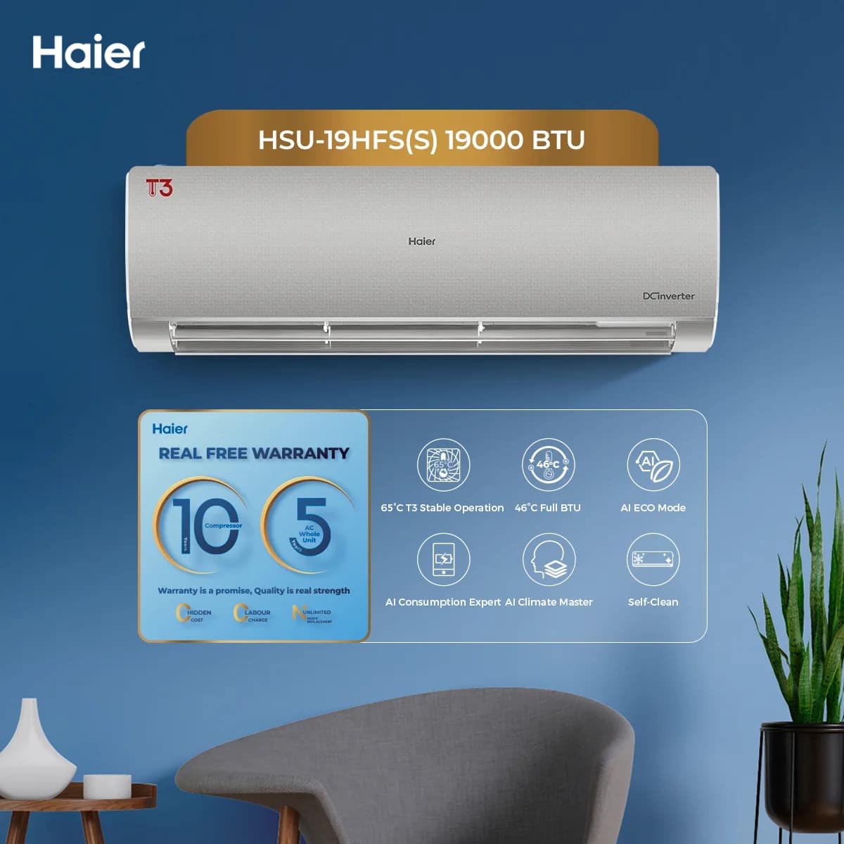 Haier HSU-19HFSS (Silver) T3 Series, 1.5-Ton DC Inverter Heat and Cool, Ampere Lock