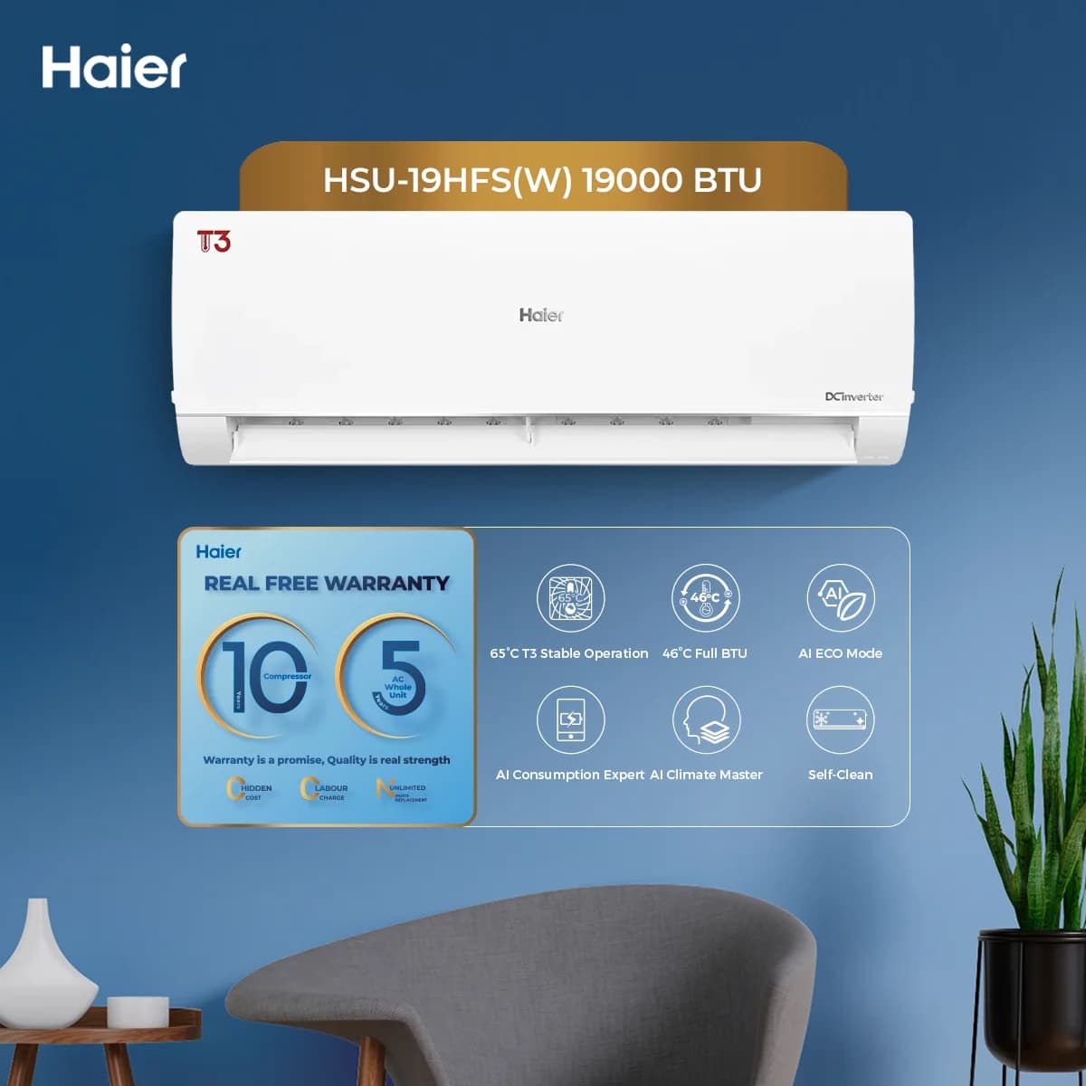 Haier HSU-19HFSW (White) T3 Series, 1.5-Ton DC Inverter Heat and Cool, Ampere Lock