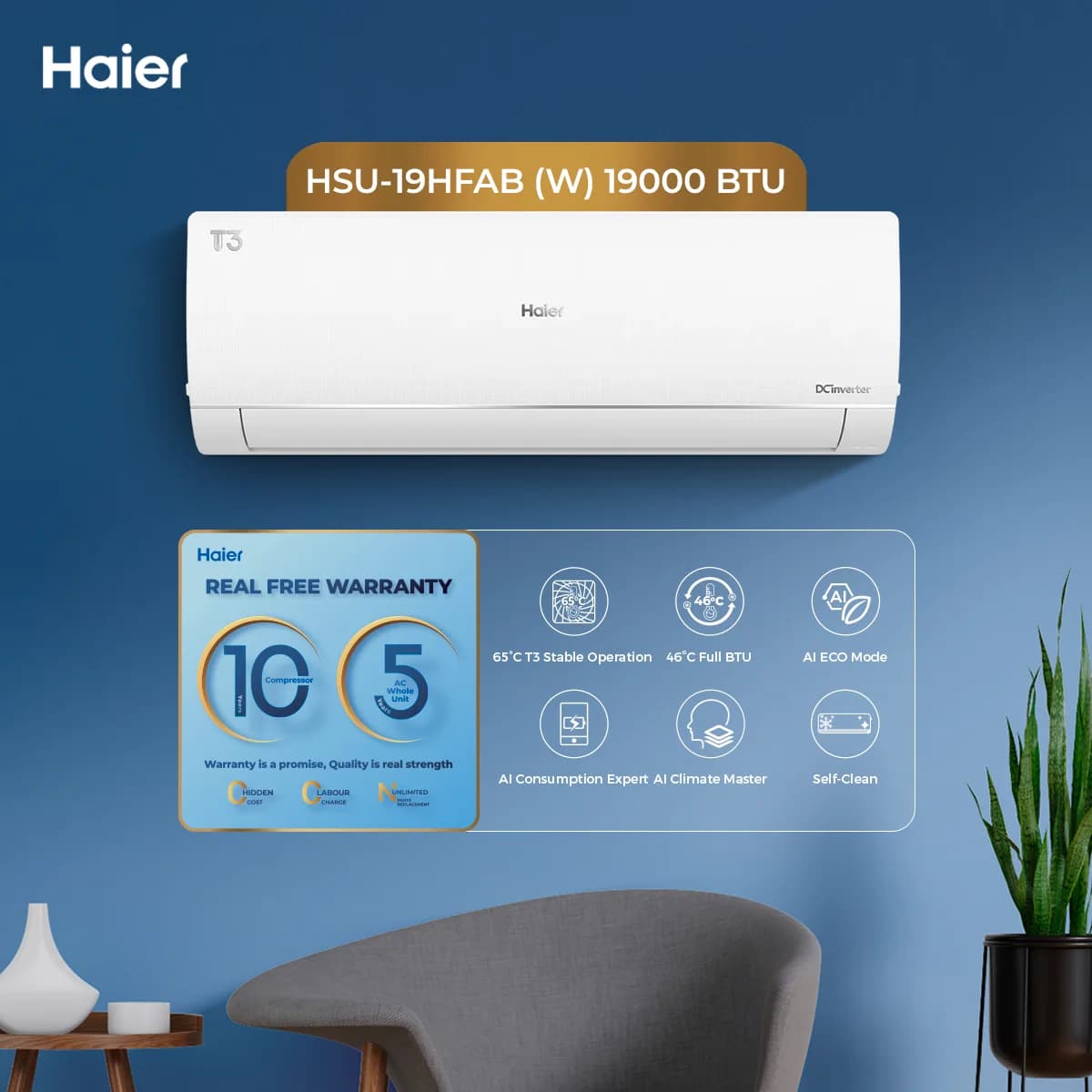 Haier HSU-19HFAB (White) T3 Condition, 1.5-Ton DC Inverter Heat and Cool, Ampere Lock