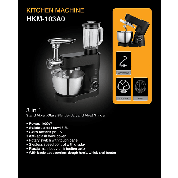 Homage HKM-103A0 (3-in-1) Kitchen Machine, 1000W, Bowl 6.3Ltr, Stand Mixer, Meat Mincer, Blender
